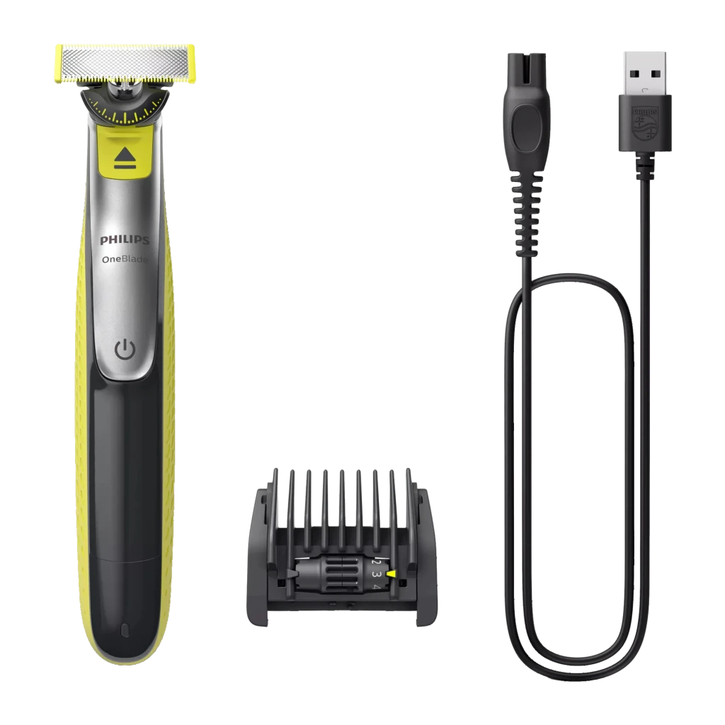 Philips OneBlade 360 QP2734/23, contenu boîte: rasoir, peigne ajustable et câble USB sur fond noir