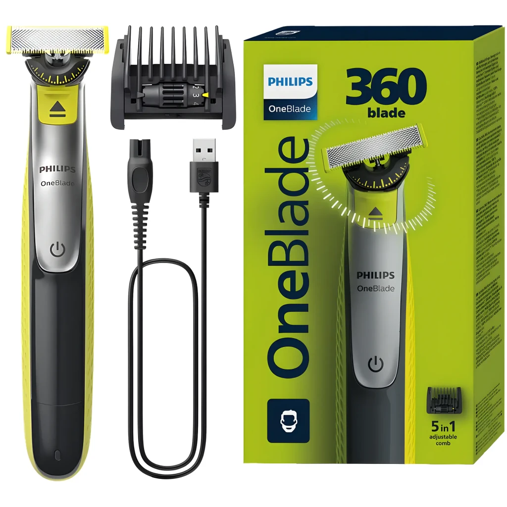Philips OneBlade 360 QP2734/23, contenu boîte: rasoir, peigne ajustable et câble USB sur fond noir - Ítem4