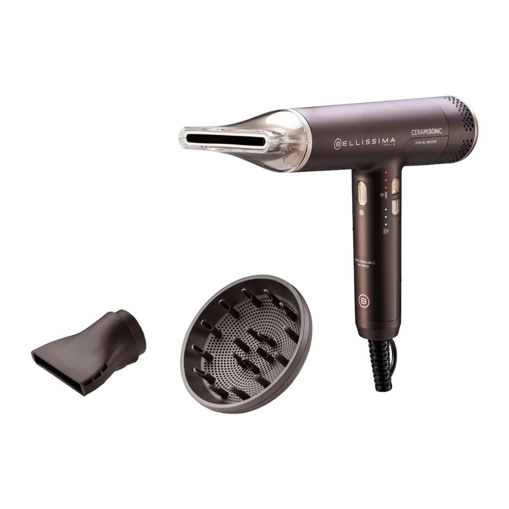 Bellissima Ceramisonic 1700W Rosa, vista principal: secador com bocal encaixado, difusor e concentrador em fundo preto