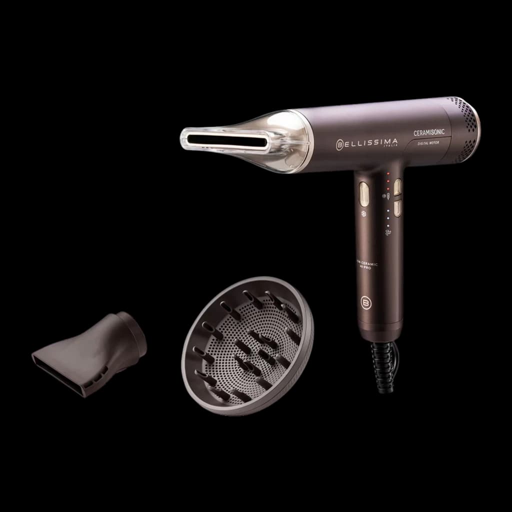 Bellissima Ceramisonic 1700W Rosa, vista principal: secador con boquilla puesta, difusor y concentrador sobre fondo negro