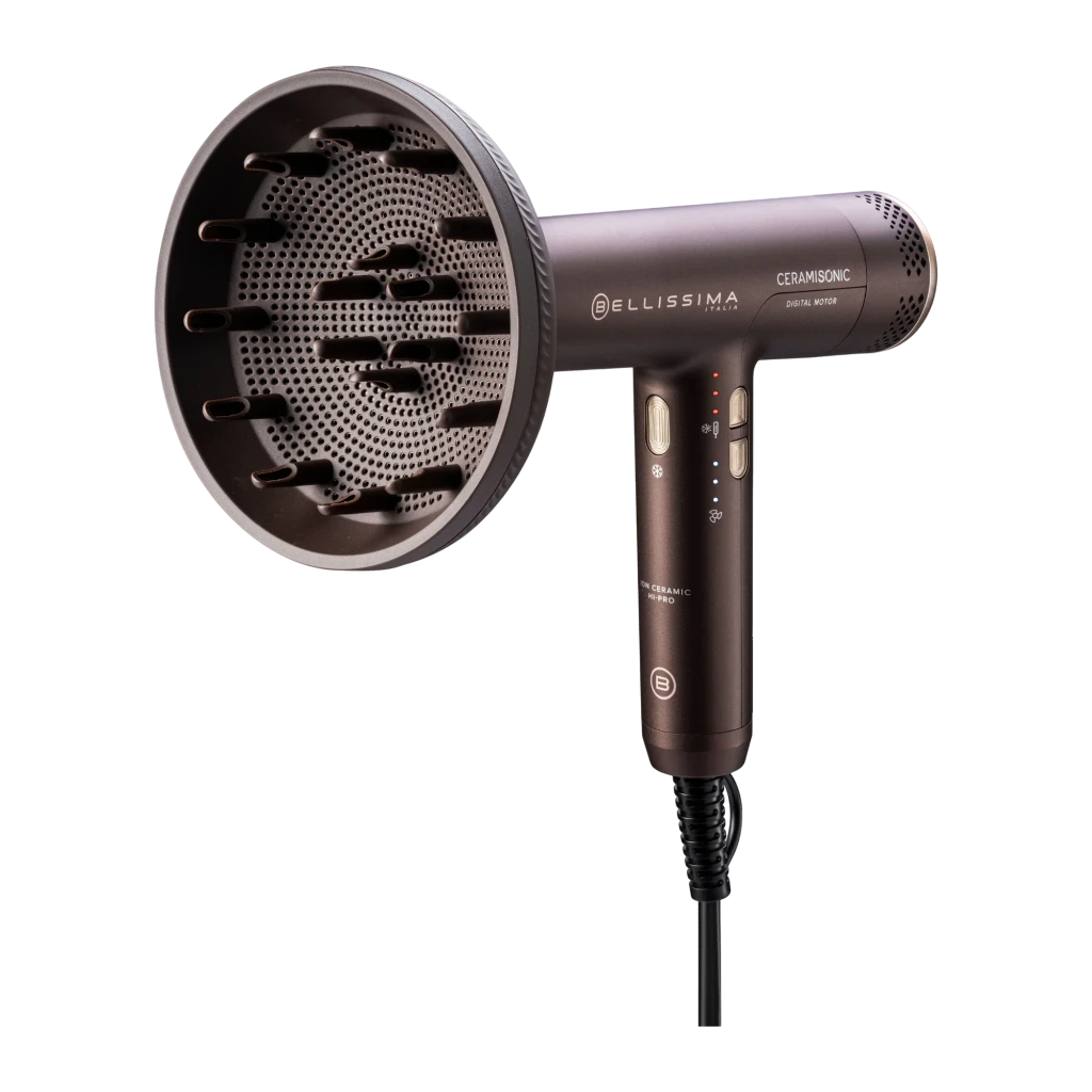 Bellissima Ceramisonic 1700W rosa, vista lateral: secador com difusor acoplado, botões laterais e cabo preto