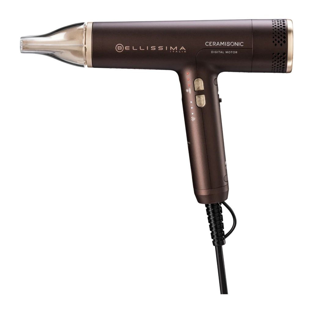 Bellissima Ceramisonic 1700W Rosa, vista lateral: corpo castanho com detalhes dourados, bocal concentrador e botões laterais