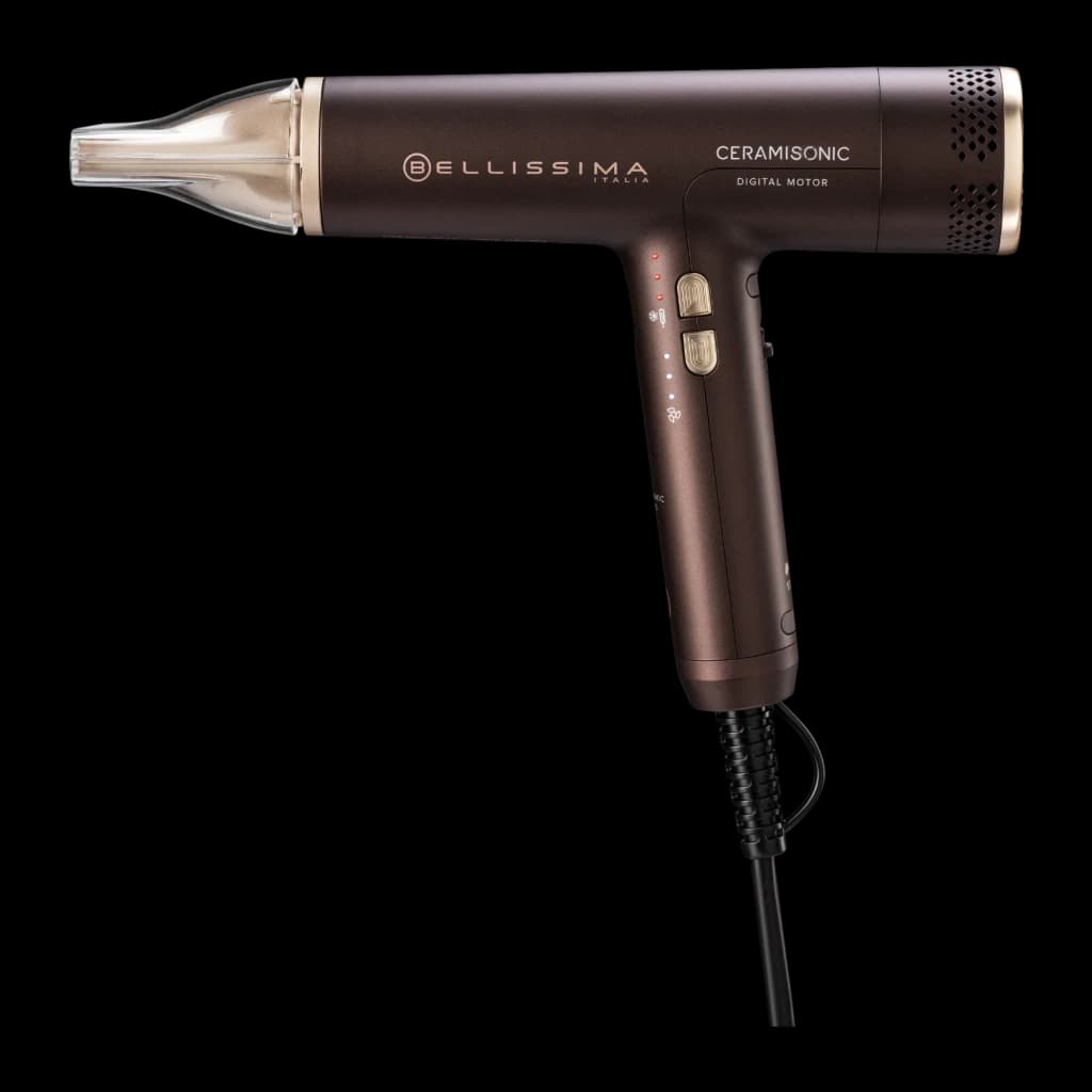 Bellissima Ceramisonic 1700W Rosa, vista lateral: cuerpo marrón con detalles dorados, boquilla concentradora y botones