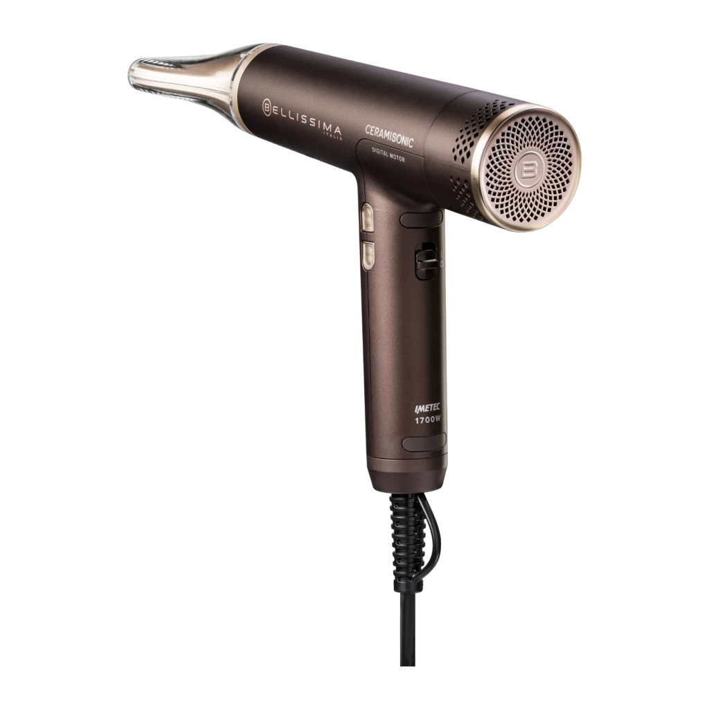 Bellissima Ceramisonic 1700W Rosa, vista lateral: corpo castanho com detalhes dourados, grelha traseira e bocal concentrador