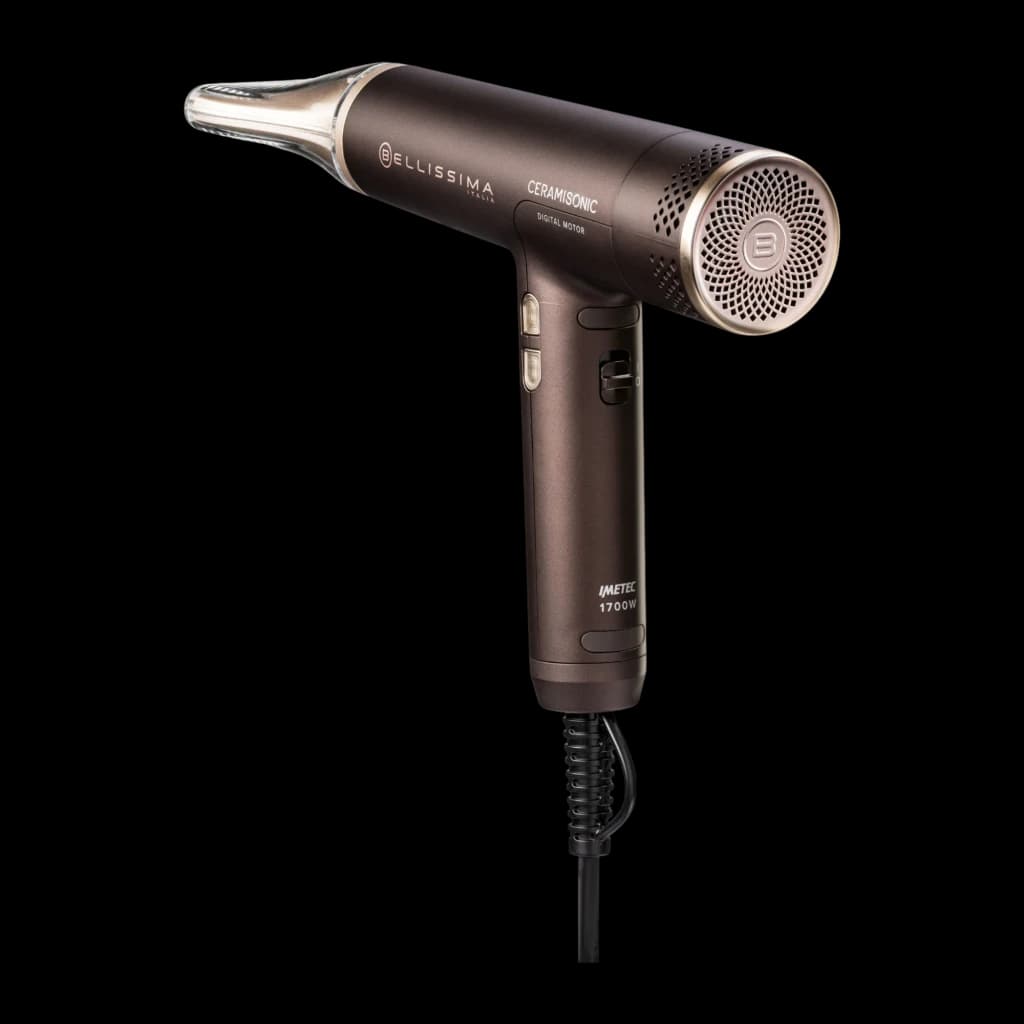 Bellissima Ceramisonic 1700W Rosa, vista lateral: cuerpo marrón con detalles dorados, rejilla trasera y boquilla