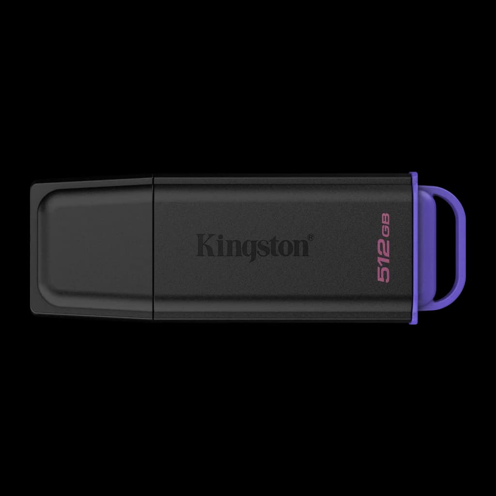 Kingston DataTraveler Exodia G2 512GB negro/morado, vista lateral: cuerpo negro con logo Kingston, capacidad 512GB y anilla