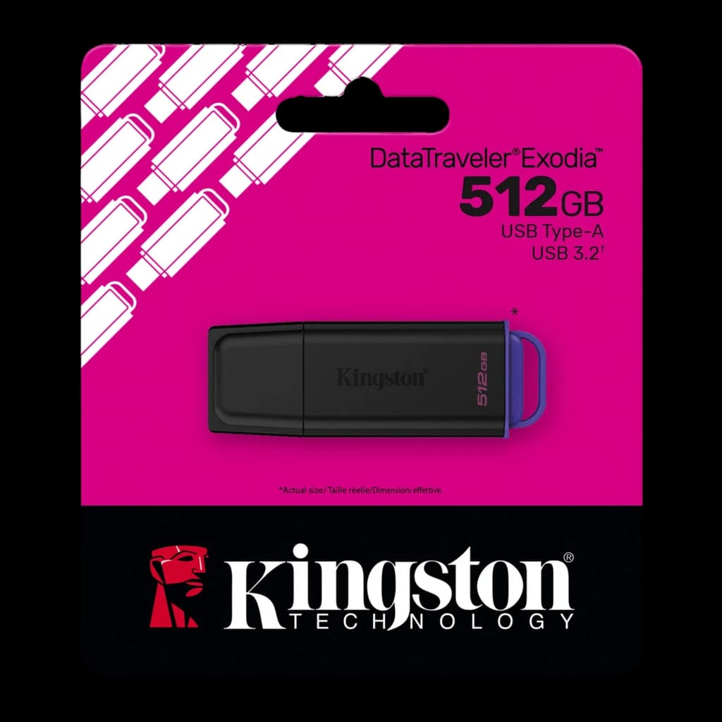 Kingston DataTraveler Exodia G2 512GB púrpura, packaging: memoria USB en blíster rosa con logo Kingston y especificaciones