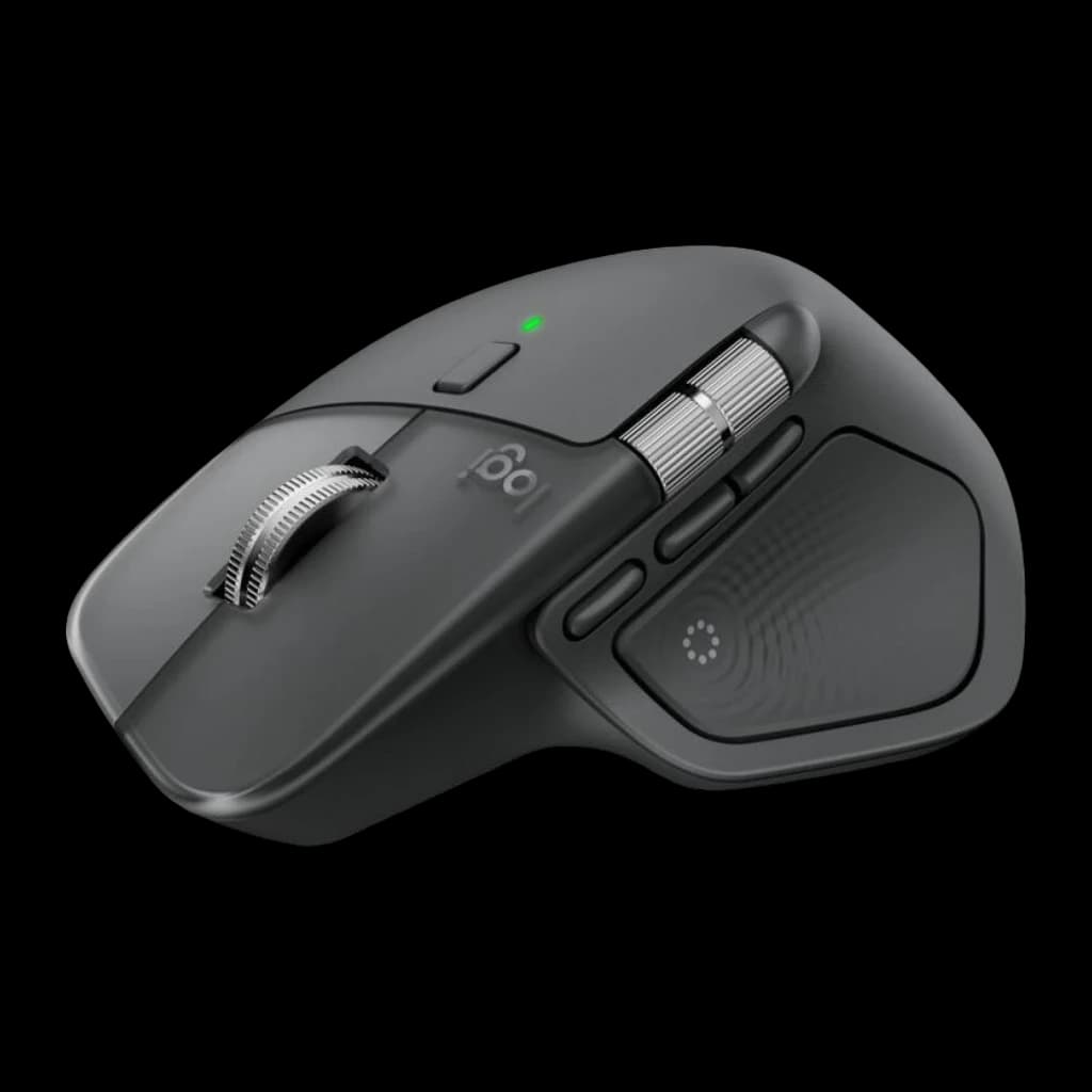 Logitech Souris MX Master 4 for Business Graphite, vue arrière en angle: zone pouce avec molette latérale striée et boutons