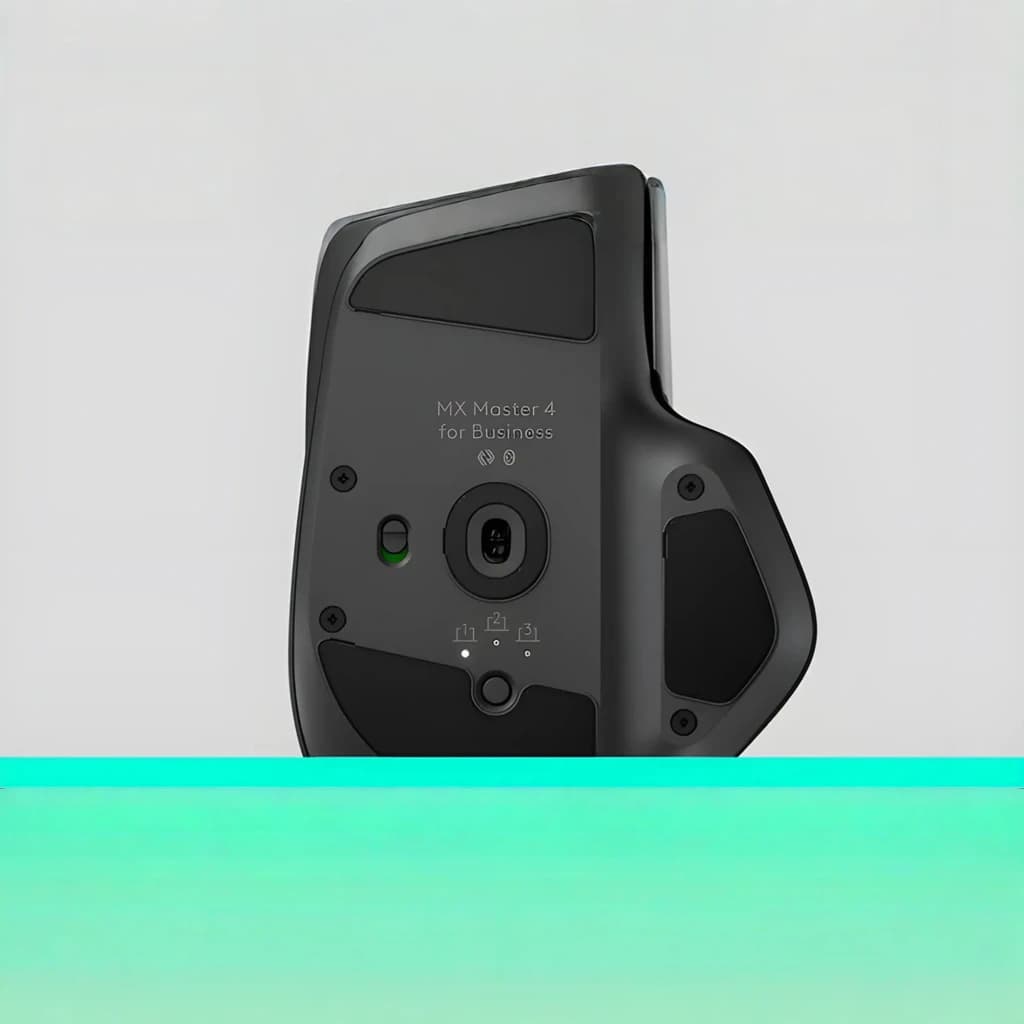 Logitech Souris MX Master 4 for Business Graphite, vue inférieure: capteur optique, interrupteur vert et sélecteur