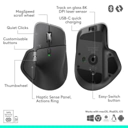Logitech Souris MX Master 4 for Business Graphite, infographie: vues dessus et dessous avec fonctions étiquetées