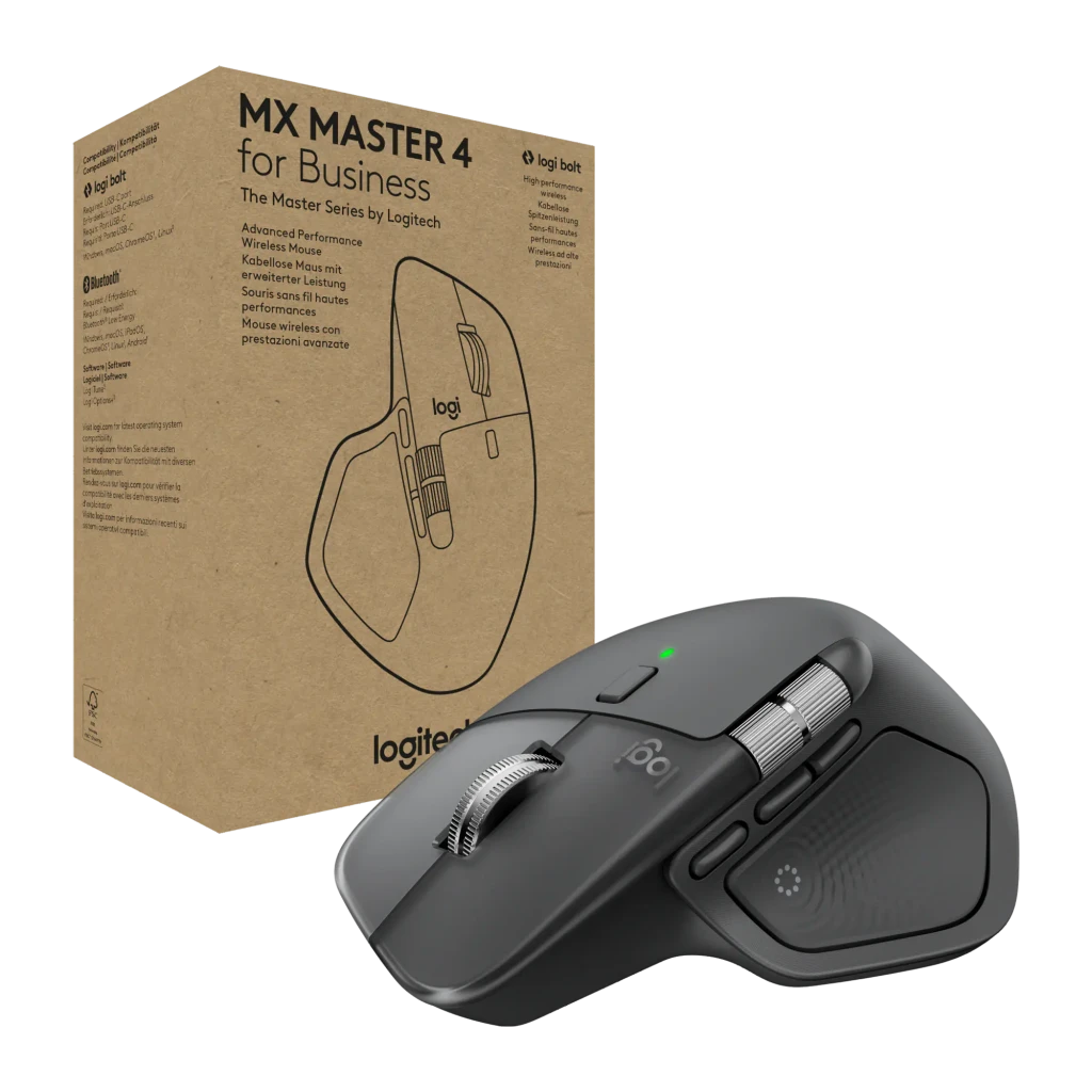 Logitech Souris MX Master 4 for Business Graphite, vue arrière en angle: zone pouce avec molette latérale striée et boutons - Ítem3