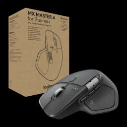 Logitech Souris MX Master 4 for Business Graphite, vue avec boîte: souris graphite à côté de son emballage en carton recyclé
