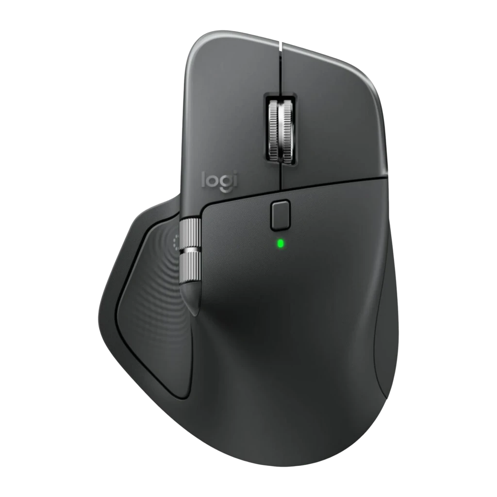 Logitech Souris MX Master 4 for Business Graphite, vue arrière en angle: zone pouce avec molette latérale striée et boutons - Ítem1