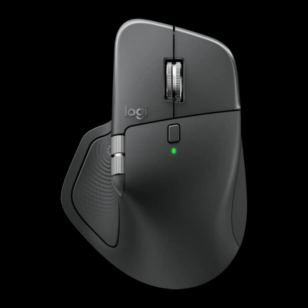 Logitech Souris MX Master 4 for Business Graphite, vue avant en angle: molette métallique, molette latérale et LED verte