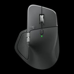Logitech Souris MX Master 4 for Business Graphite, vue avant en angle: molette métallique, molette latérale et LED verte
