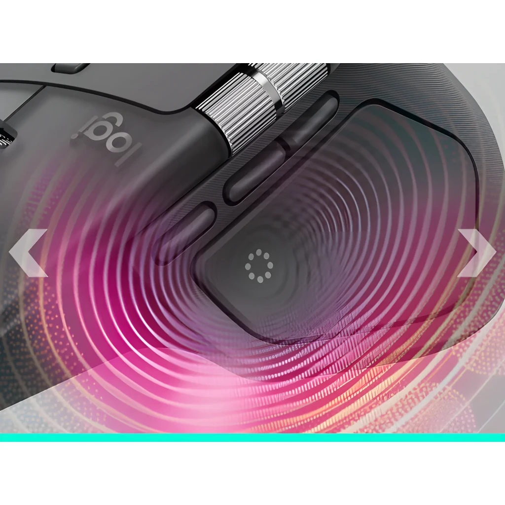 Logitech Souris MX Master 4 for Business Graphite, vue arrière en angle: zone pouce avec molette latérale striée et boutons - Ítem9