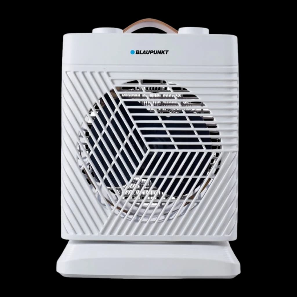 Blaupunkt Chauffage air 2000W Blanc, vue avant: grille diagonale, ventilateur intérieur et poignée beige