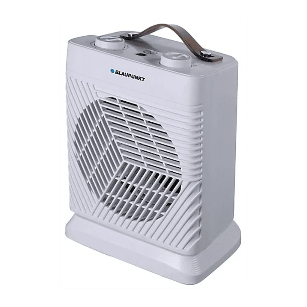 Blaupunkt Chauffage air 2000W Blanc, vue avant: grille diagonale, ventilateur intérieur et poignée beige - Ítem1