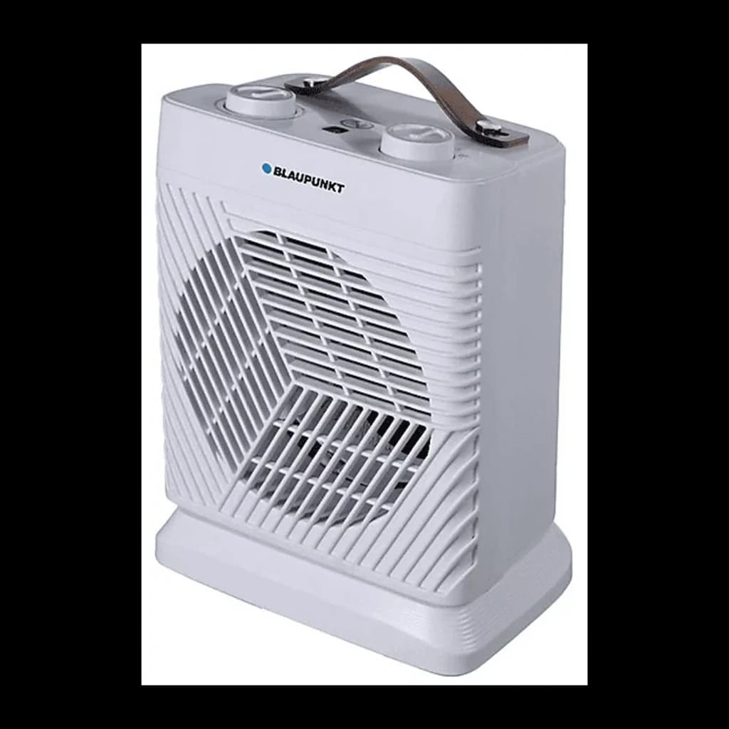 Blaupunkt Chauffage soufflant 2000W Blanc, vue latérale: grille frontale, poignée marron supérieure et boutons rotatifs