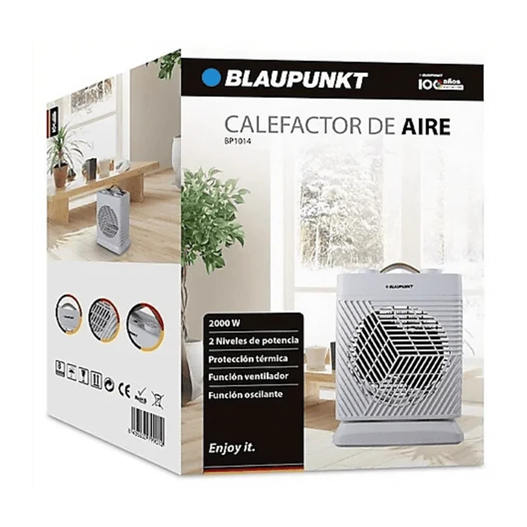 Blaupunkt Chauffage air 2000W Blanc, vue avant: grille diagonale, ventilateur intérieur et poignée beige - Ítem2