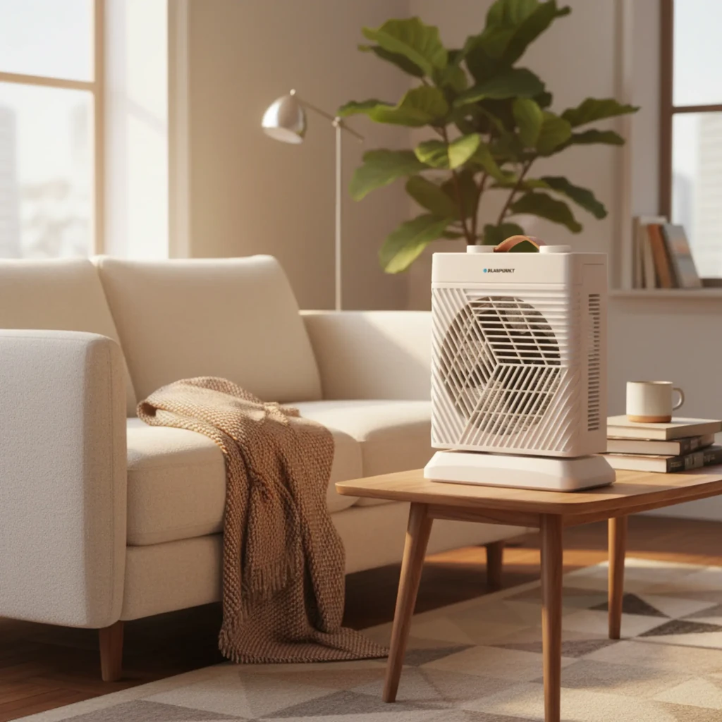 Blaupunkt Chauffage air 2000W Blanc, vue avant: grille diagonale, ventilateur intérieur et poignée beige - Ítem3