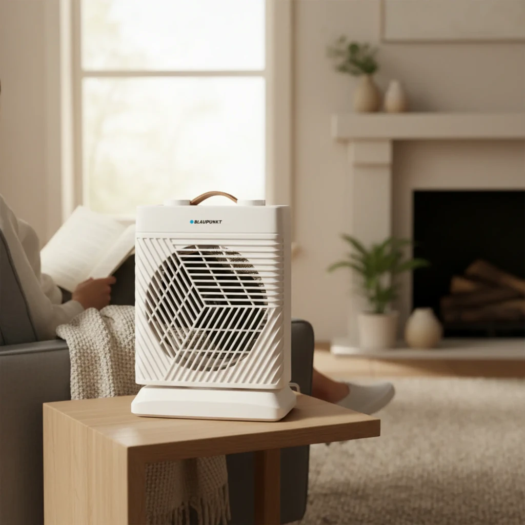 Blaupunkt Chauffage air 2000W Blanc, vue avant: grille diagonale, ventilateur intérieur et poignée beige - Ítem4