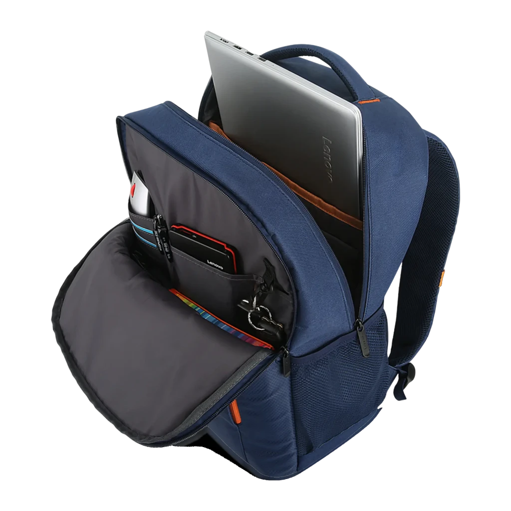 Lenovo Mochila Everyday B515 15.6 polegadas Azul, vista frontal 3/4: bolso frontal com fecho laranja e bolso lateral em malha - Item3