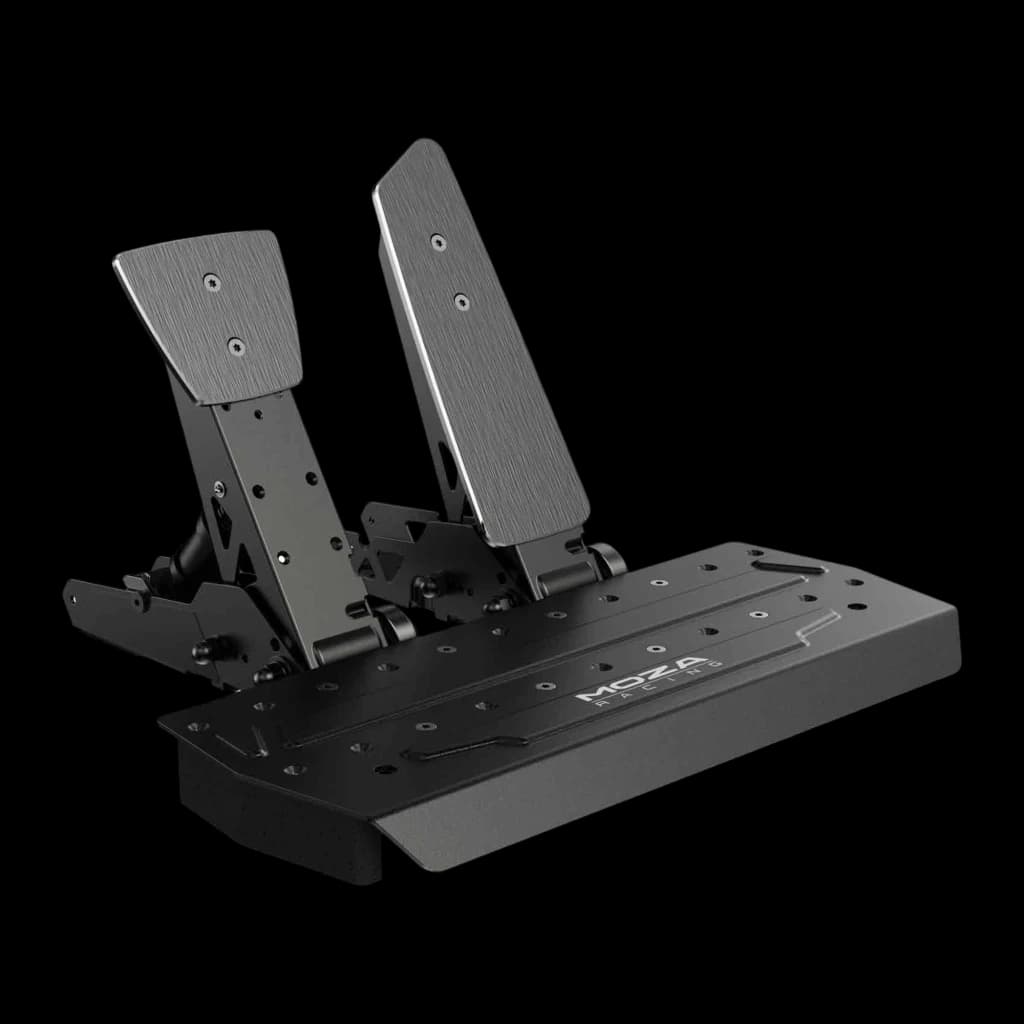 Moza Racing Pedales SR-P Negro, vista en perspectiva: dos pedales de aluminio cepillado sobre base negra con logo Moza Racing
