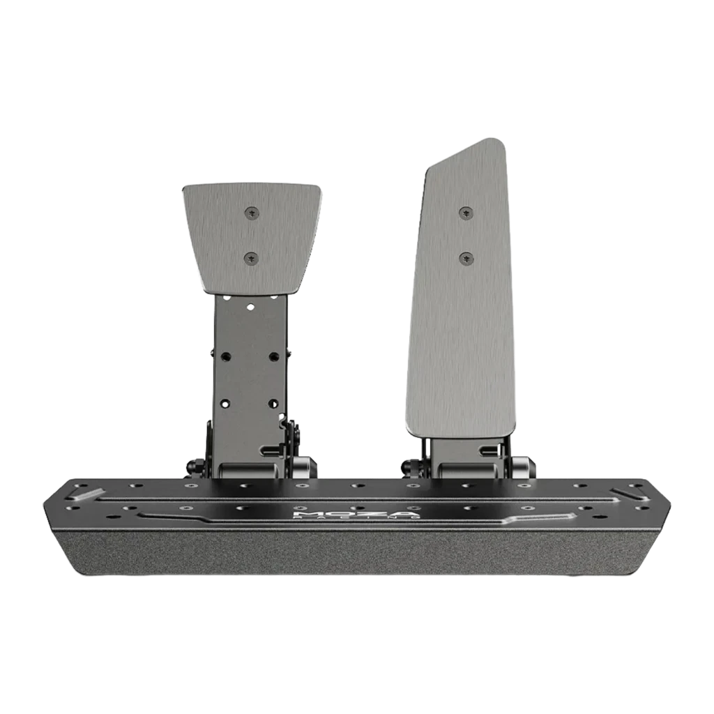 Moza Racing Pedales SR-P Negro, vista en perspectiva: dos pedales de aluminio cepillado sobre base negra con logo Moza Racing - Ítem1