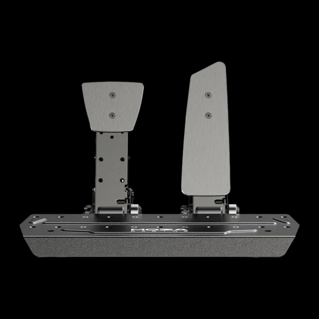 Moza Racing Pedales SR-P Negro, vista frontal: dos pedales de aluminio cepillado con mecanismo articulado y base ancha