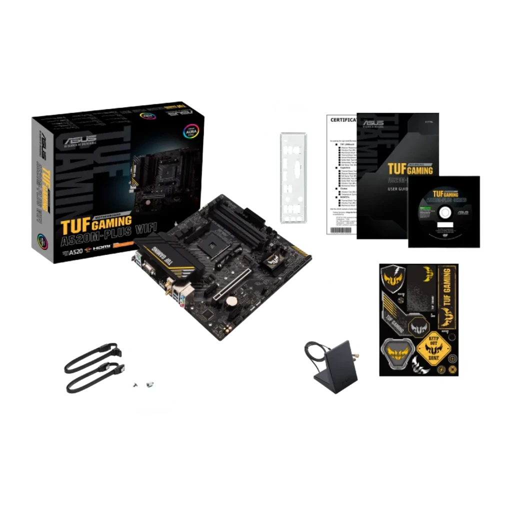 ASUS TUF Gaming A520M-Plus WiFi, conteúdo da caixa: placa-mãe, caixa do produto e antena WiFi externa - Item5
