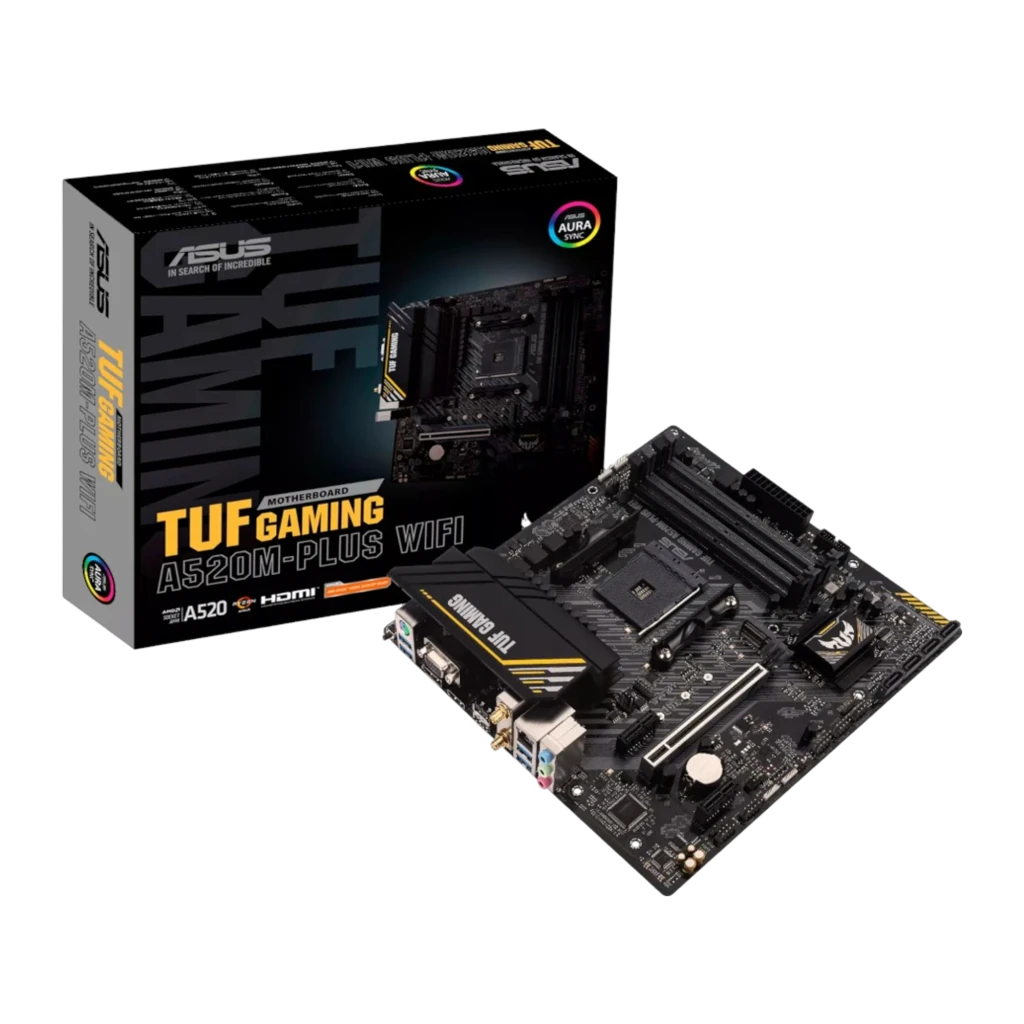 ASUS TUF Gaming A520M-Plus WiFi, conteúdo da caixa: placa-mãe, caixa do produto e antena WiFi externa - Item1