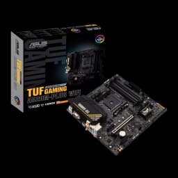 ASUS TUF Gaming A520M-Plus WiFi, carte mère avec boîte: emballage noir avec logo Aura Sync à côté de la carte en angle