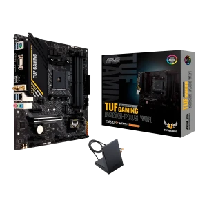 ASUS TUF Gaming A520M-Plus WiFi, conteúdo da caixa: placa-mãe, caixa do produto e antena WiFi externa