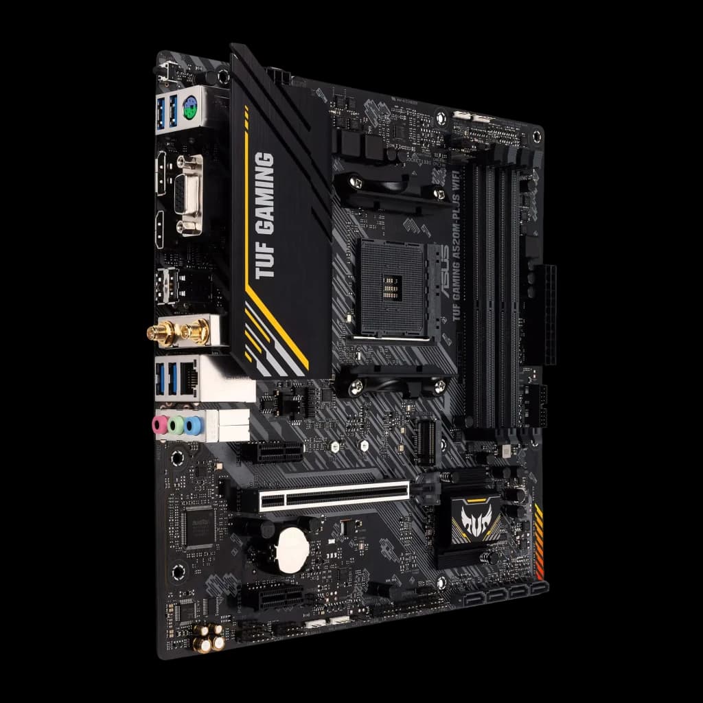 ASUS TUF Gaming A520M-Plus WiFi, vue face-côté: panneau arrière avec ports USB, VGA, HDMI et antennes WiFi visibles