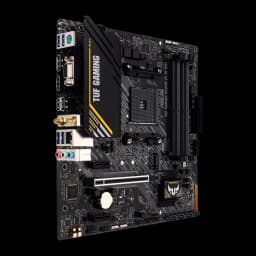 ASUS TUF Gaming A520M-Plus WiFi, vue face-côté: panneau arrière avec ports USB, VGA, HDMI et antennes WiFi visibles