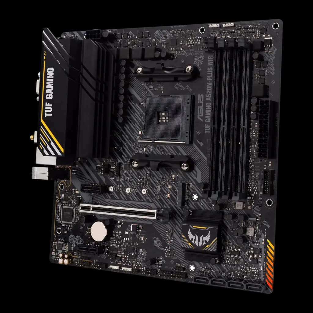 ASUS TUF Gaming A520M-Plus WiFi, vue dessus: carte mère mATX socket AM4, dissipateurs noirs et logo TUF doré