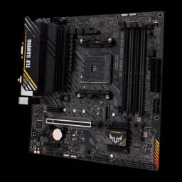 ASUS TUF Gaming A520M-Plus WiFi, vue dessus: carte mère mATX socket AM4, dissipateurs noirs et logo TUF doré