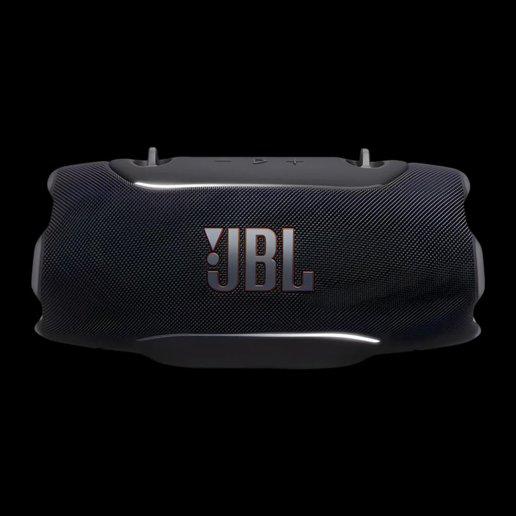 JBL Xtreme 5 130W Preto, vista frontal: grade têxtil com logo JBL e botões de controlo na parte superior