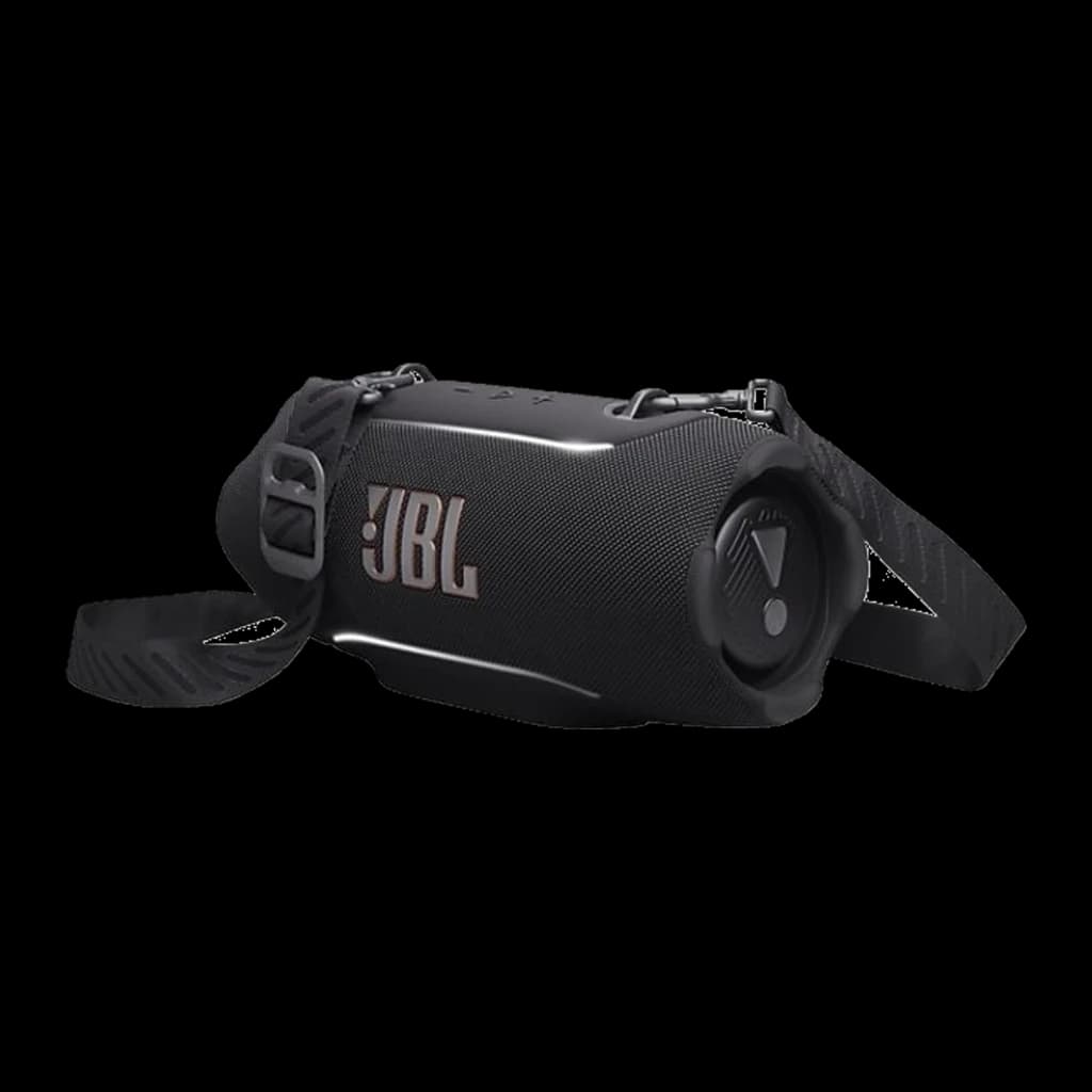 JBL Xtreme 5 130W preto, vista frontal em ângulo: logo JBL, grade têxtil, woofer lateral e alça tiracolo