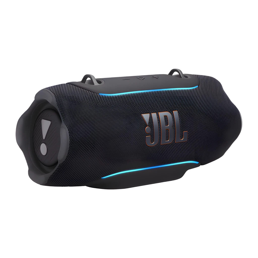 JBL Xtreme 5 130W Preto, vista frontal: grade têxtil com logo JBL e botões de controlo na parte superior - Item10