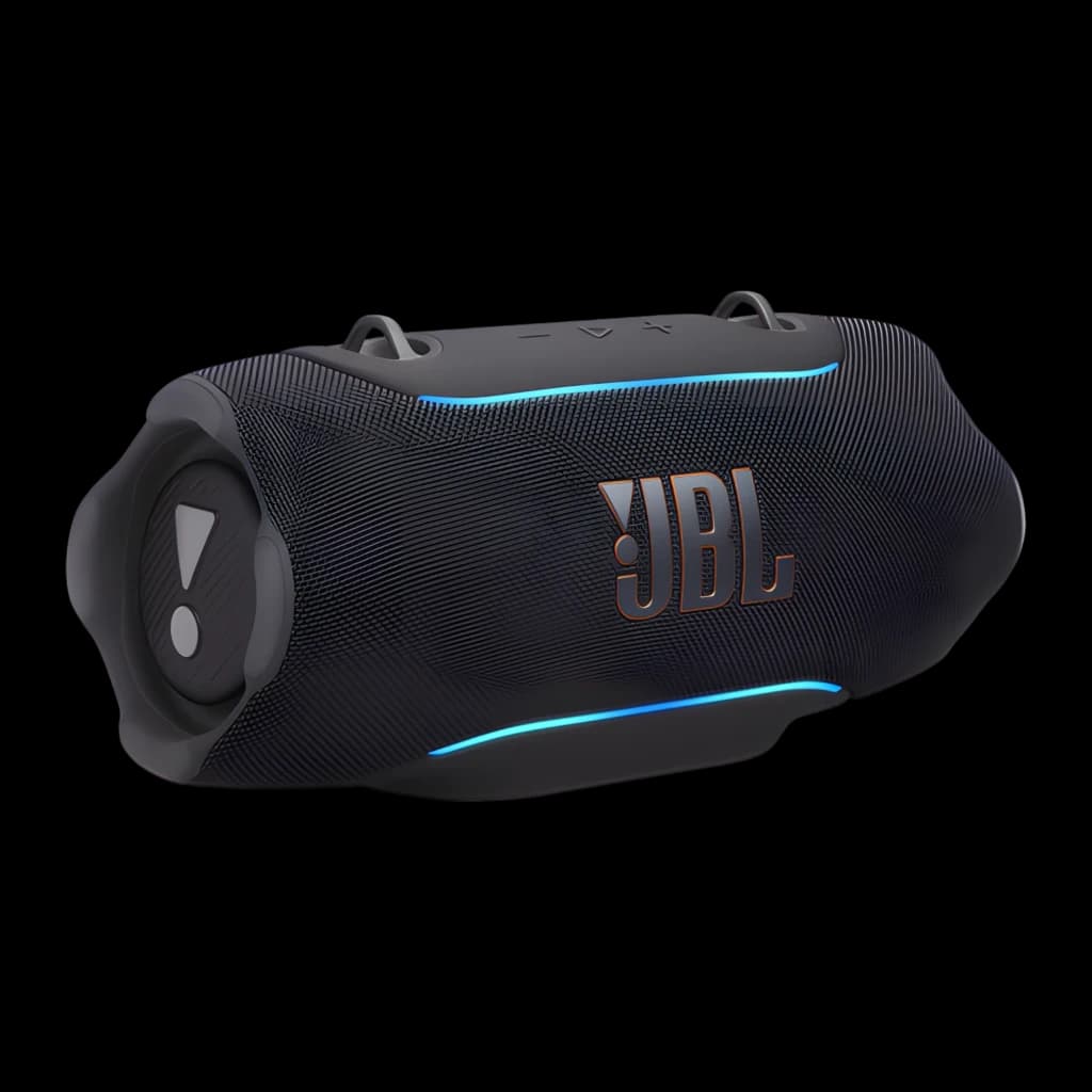 JBL Xtreme 5 130W preto, vista em ângulo: logo JBL, luzes LED azuis, grade têxtil e alça lateral