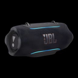 JBL Xtreme 5 130W preto, vista em ângulo: logo JBL, luzes LED azuis, grade têxtil e alça lateral