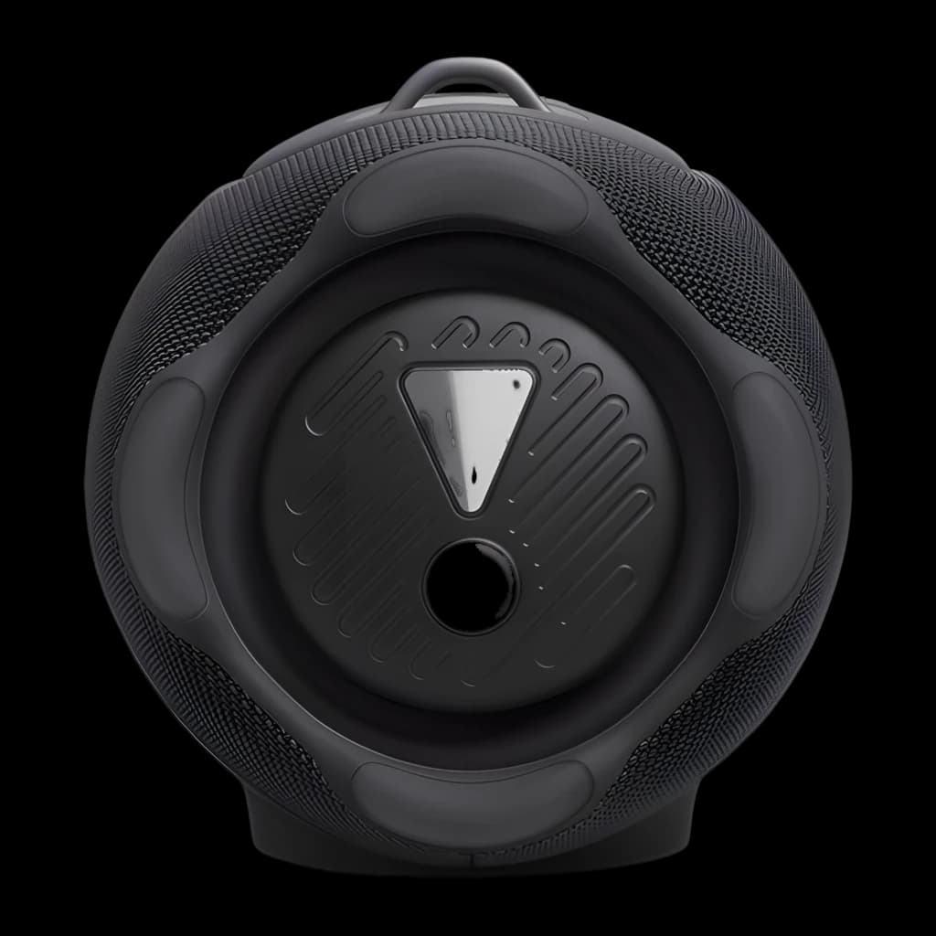 JBL Coluna Xtreme 5 130W preto, vista traseira: radiador passivo circular com logo triangular e porta bass reflex