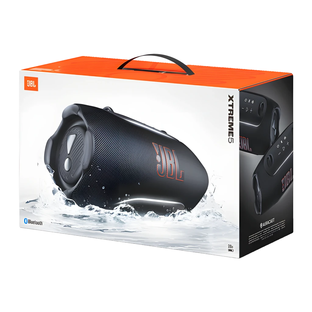 JBL Xtreme 5 130W Preto, vista frontal: grade têxtil com logo JBL e botões de controlo na parte superior - Item7