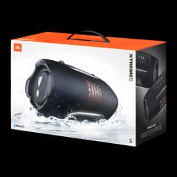JBL Altifalante Xtreme 5 130W preto, caixa: embalagem frontal com coluna preta sobre salpico de água e pega laranja
