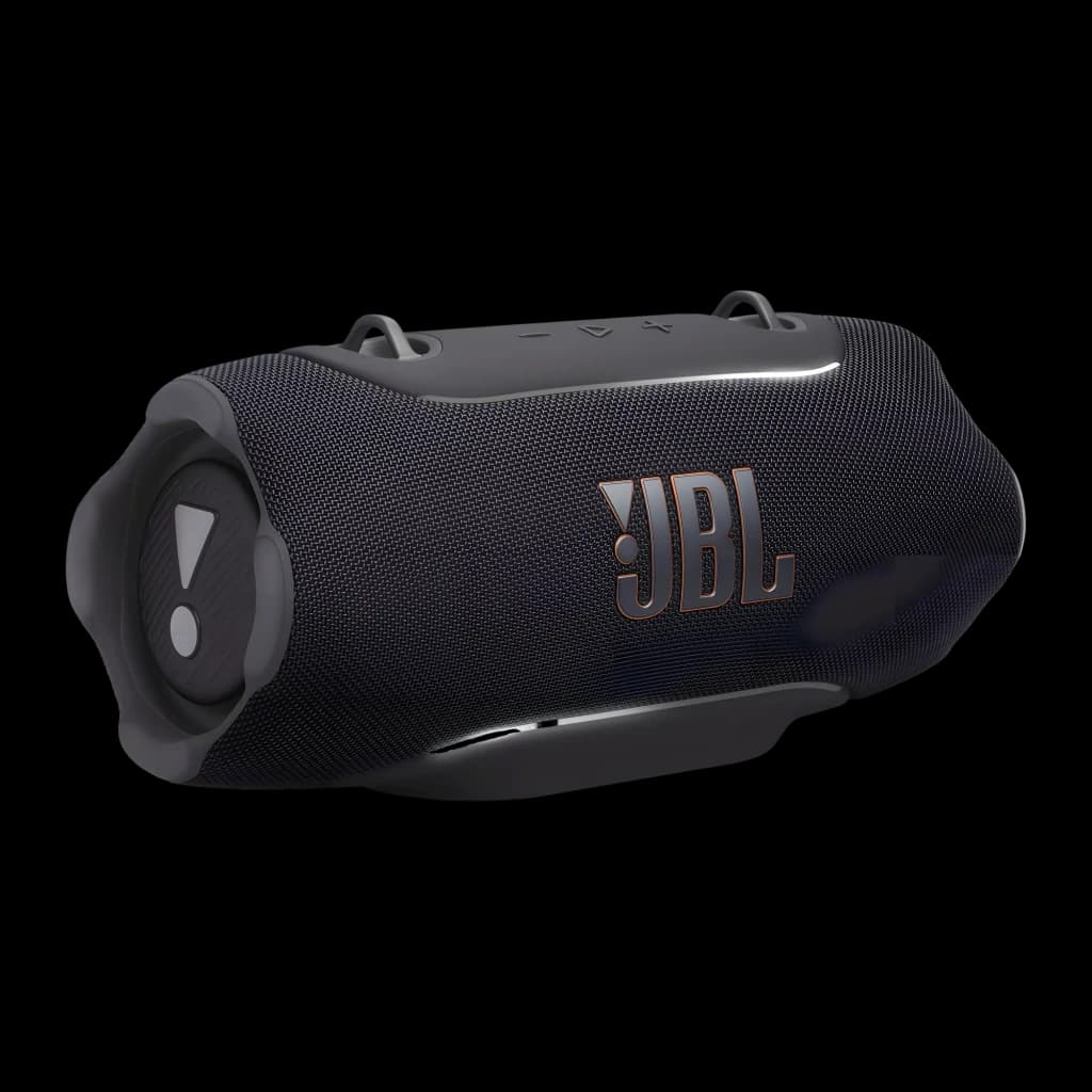 JBL Xtreme 5 130W preto, vista lateral em ângulo: logo JBL cobre, grade têxtil, alças e botões superiores