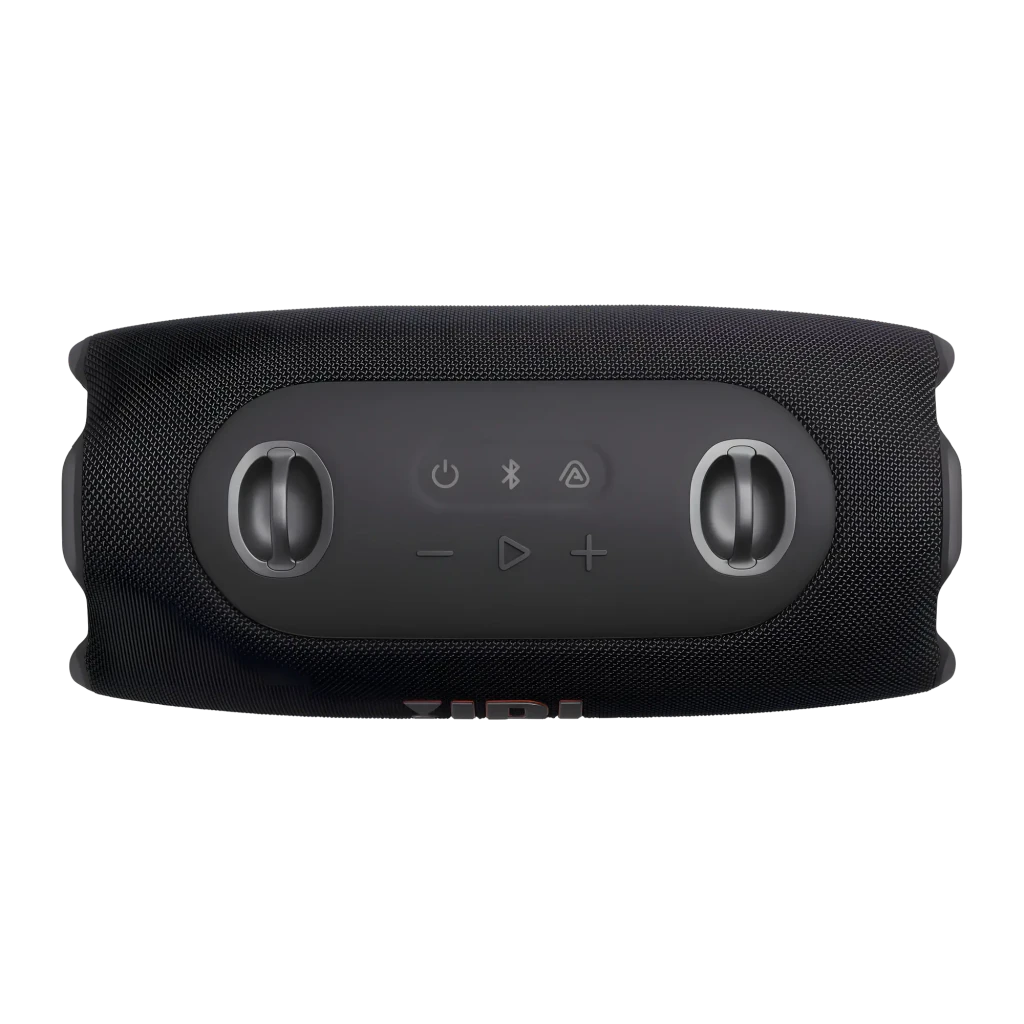 JBL Xtreme 5 130W Preto, vista frontal: grade têxtil com logo JBL e botões de controlo na parte superior - Item5