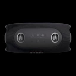 JBL Xtreme 5 130W preto, vista superior: painel de controlo com botões e dois ganchos metálicos laterais