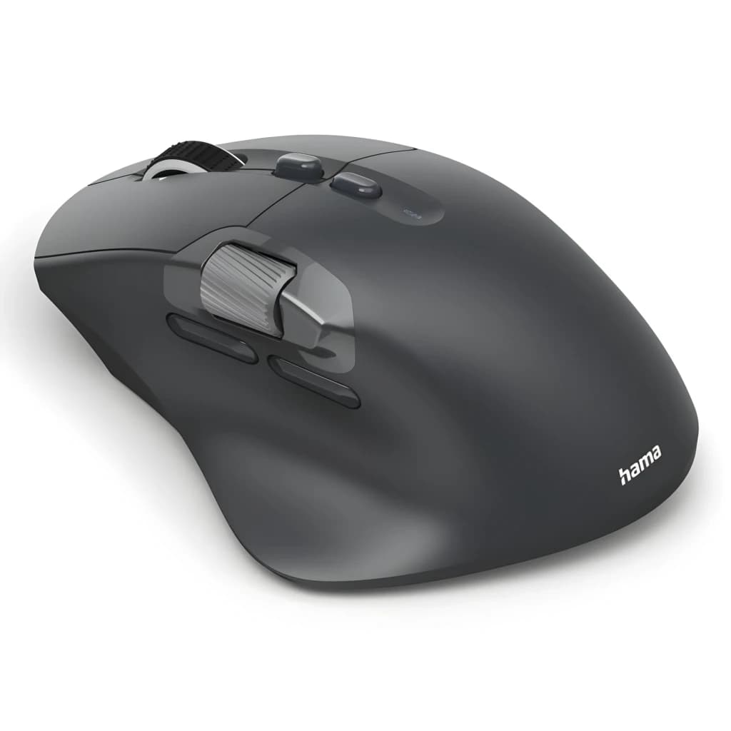 Hama Ratón WM-900 Inalámbrico Ergonómico negro, vista lateral izquierda: rueda de desplazamiento, botones laterales y logo